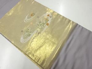 リサイクル　流水に草花模様刺繍開き名古屋帯（額縁仕立て）